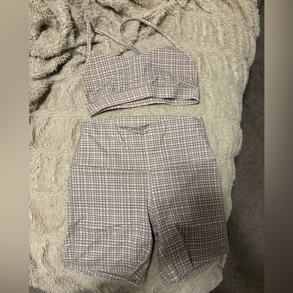 Lululemon Align Short (8) and Flow Y Bra (6) in Glow Grid Light Ivory Multi
